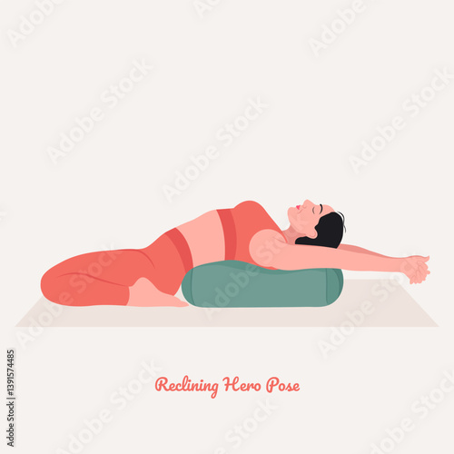 Recling Hero with bolster. Young woman practicing Yoga pose. Woman workout fitness, aerobic and exercise