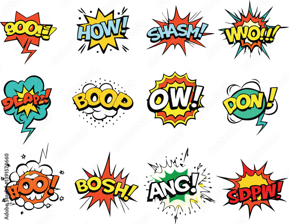 Fototapeta premium Comic Book Style Sound Effects Pop Art Explosions and Speech Bubbles
