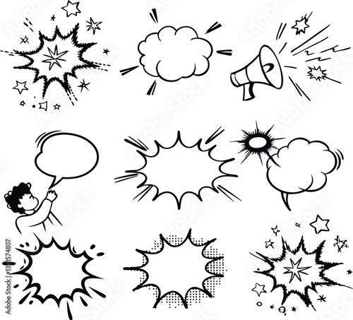 Comic Book Speech Bubbles, Explosions, and Megaphone Illustration Set