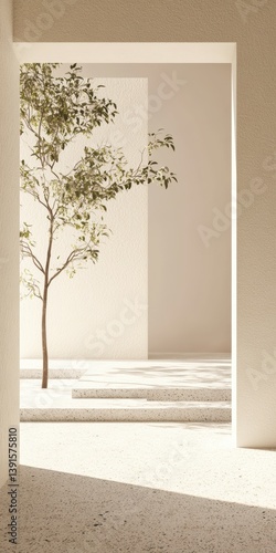 Minimalist Interior Beige Room with Small Tree and Terrazzo Floor in Sunlight