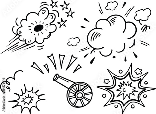 Cartoon Cannon Explosions Comic Book Style, HandDrawn, Black and White
