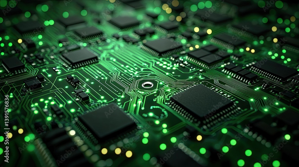Glowing green circuit board illuminating a dark surface, symbolizing advanced technology and electronics Glowing green circuit board illuminating a dark surface, symbolizing advanced technology and electronics