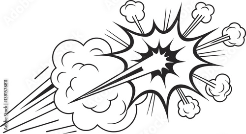 Comic Book Explosion, Dynamic Action, Graphic Design, Black and White Illustration, Powerful Blast, 