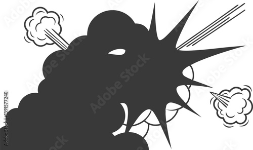 Comic Book Style Explosion, Black Ink, Graphic Design, Power, Energy, Burst, Impact, Smoke, Clouds, 
