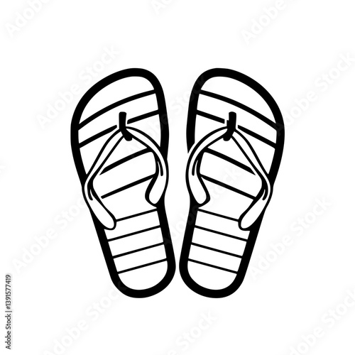 Flip flops summer footwear illustration, Black and white vector illustration of a pair of striped flip flops, ideal for beach, vacation, or summer-themed designs.

