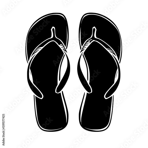 Flip flops summer footwear illustration, Black and white vector illustration of a pair of striped flip flops, ideal for beach, vacation, or summer-themed designs.

