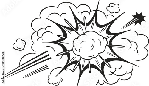 Comic Book Explosion, Black and White, Dynamic Action, Graphic Design, Retro Style, Pop Art, Powerfu