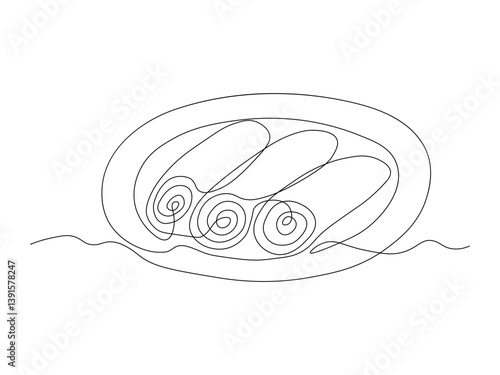 Abstract rolls,pancakes with stuffing on a plate, continuous single one line art hand drawing sketch logo