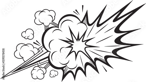 Comic Book Explosion, Black and White, Dynamic Impact, Graphic Design, Visual Effect, Powerful Burst