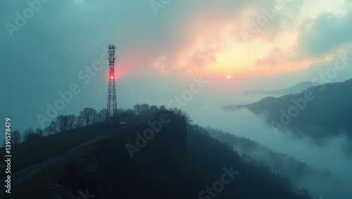 Wallpaper Mural Foggy mountain landscape with red signal tower showing isolation and silent atmosphere	 Torontodigital.ca