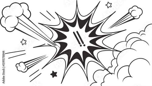 Comic Book Explosion, Black and White, Starburst, Impact, Pow, Bang, Smoke, Dynamic, Graphic Design,