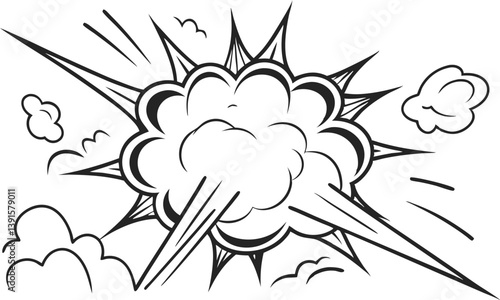 Comic Book Style Explosion, Black and White Illustration, Smoke, Blast, Power, Impact, Energy, Dynam