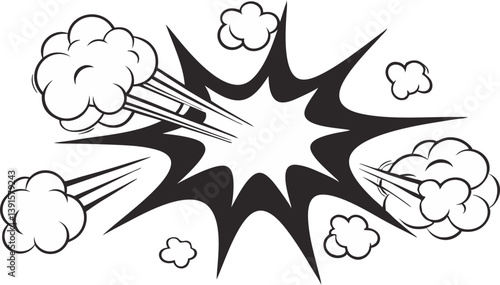 Comic Book Explosion, Black and White Impact, Smoke Puffs, Dynamic Energy