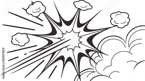 Comic Book Explosion, Dynamic Impact, Powerful Blast, Smoke, Clouds, Action, Energy, Graphic, Design