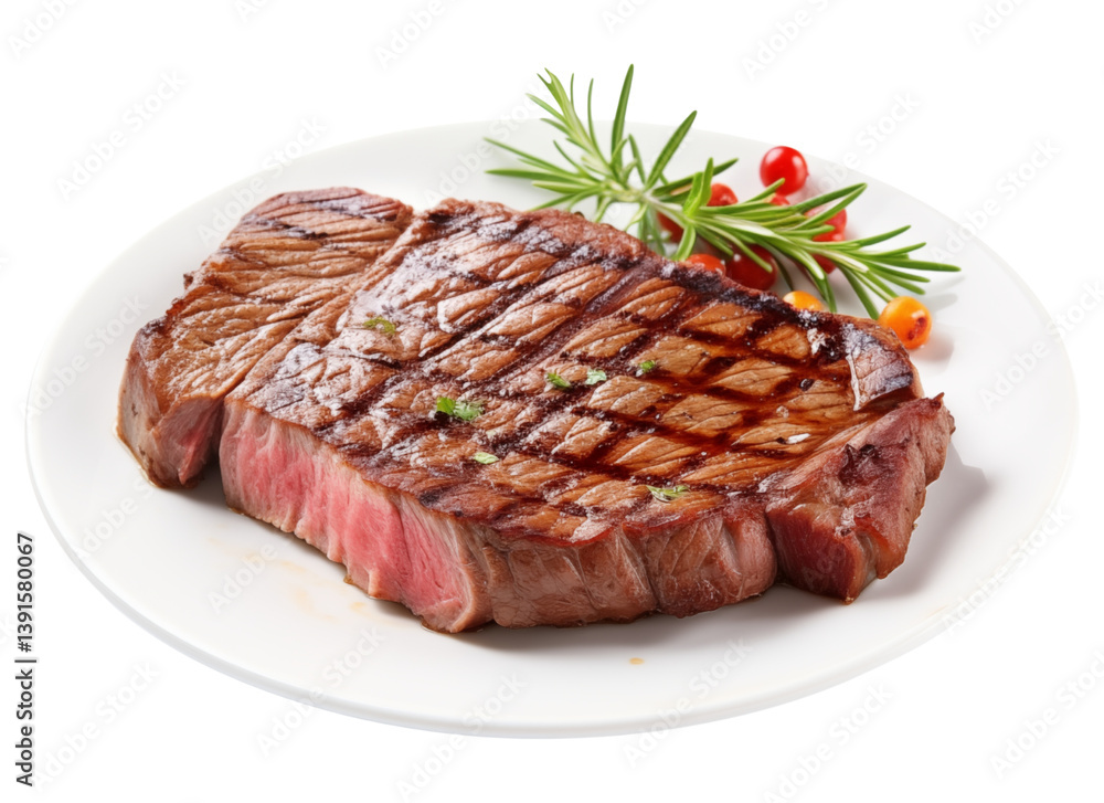Top-Down View of Grilled Steak on White Plate Isolated on Transparent Background Top-Down View of Grilled Steak on White Plate Isolated on Transparent Background