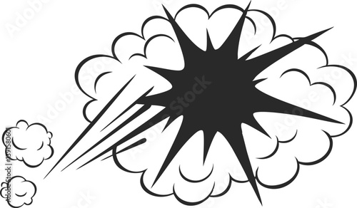 Comic Book Style Explosion, Black Ink Burst, Impact Effect, Smoke Cloud, Dynamic Action, Graphic Des