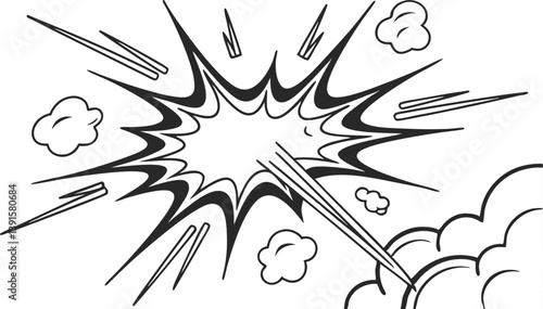 Comic Book Explosion, Black and White, Dynamic Action, Powerful Blast, Graphic Novel, Sketch Style, 