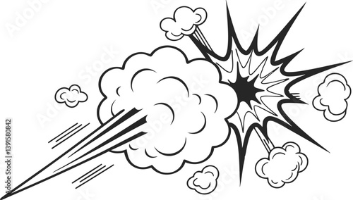 Comic Book Explosion, Black and White, Smoke, Blast, Impact, Power, Speed, Dynamic, Graphic, Art