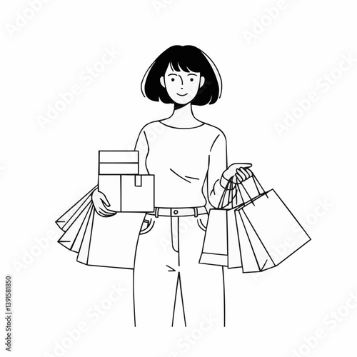Happy woman shopping with multiple bags and boxes  
