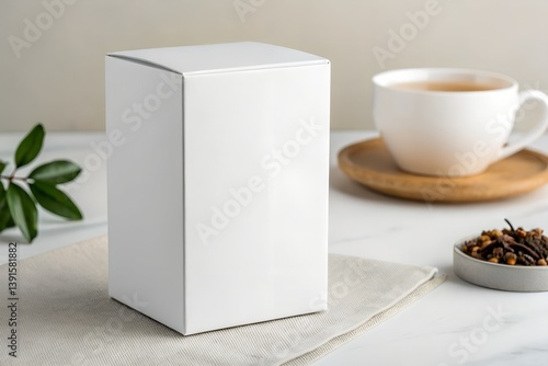 Blank white tea box paper packaging mockup standing upright with cup and cookie in background. Ideal for clean branding presentations and minimalist product designs.