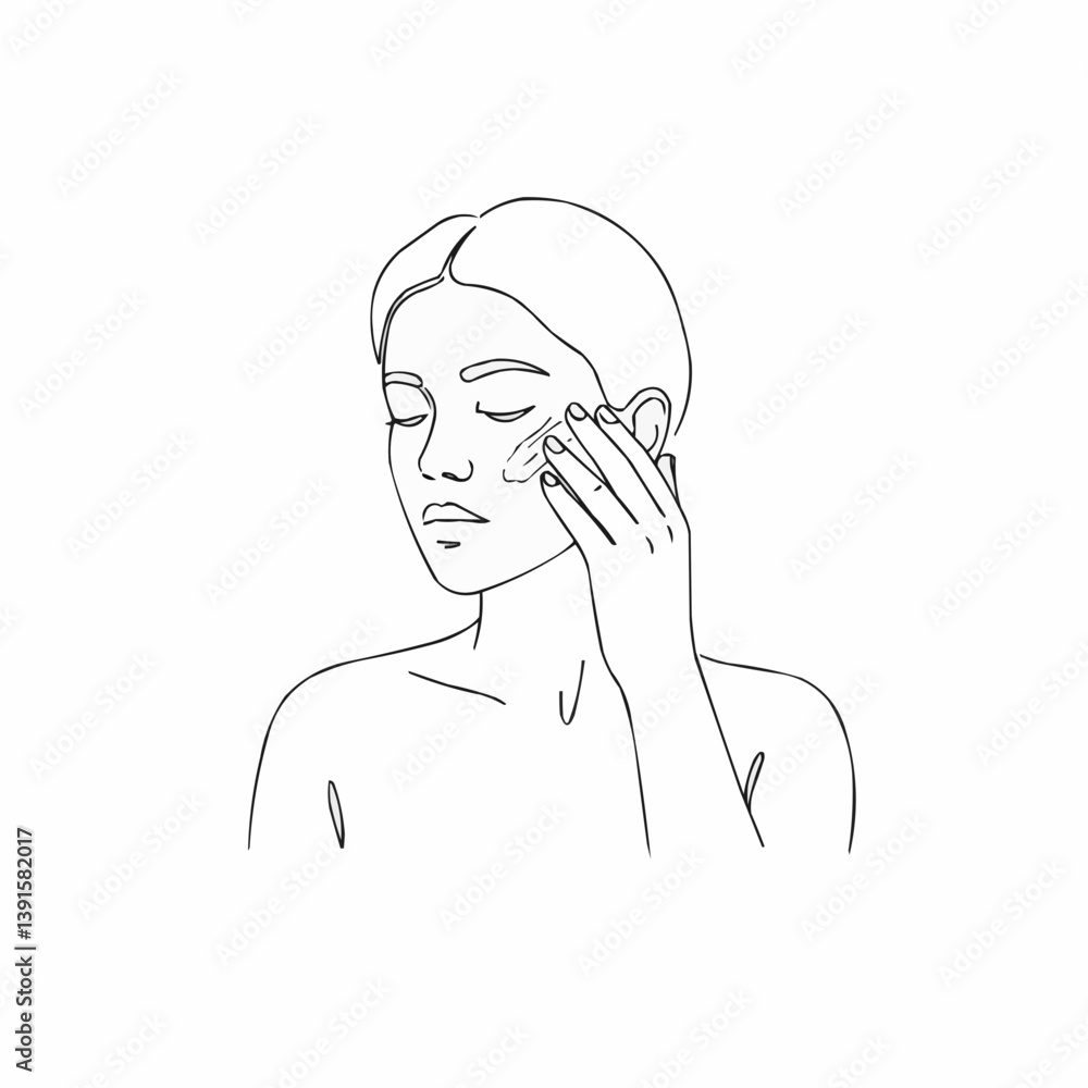 Woman applying skincare with serenity against a minimalist background Woman applying skincare with serenity against a minimalist background