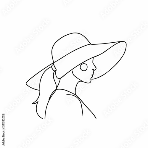 Woman in wide-brimmed hat, profile view, minimalist line art  