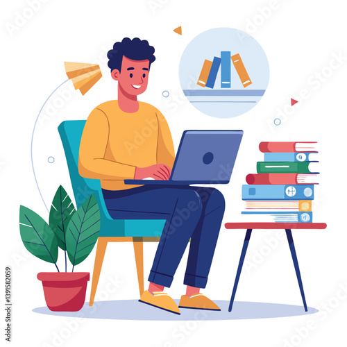 a boy is using his laptop vector