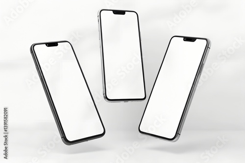 Obraz na płótnie Floating mockup of three modern smartphones with blank white screens on light background. Perfect for showcasing mobile app design or responsive website previews. w salonie