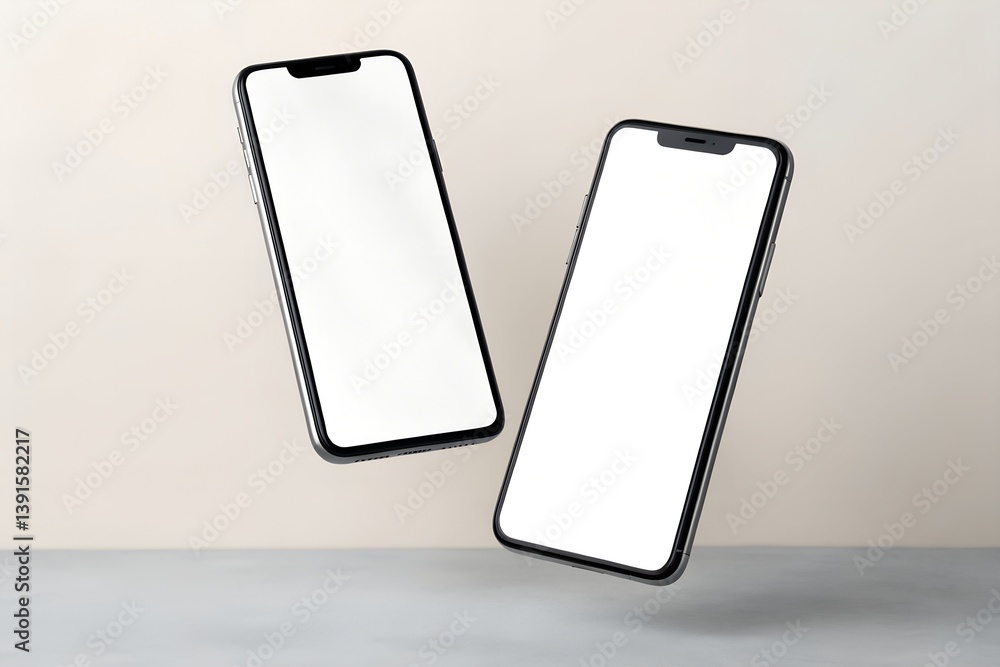 Minimalist mockup of two modern smartphones floating in mid-air with blank white screens. Ideal for mobile UI design, app showcases, or responsive website mockups.