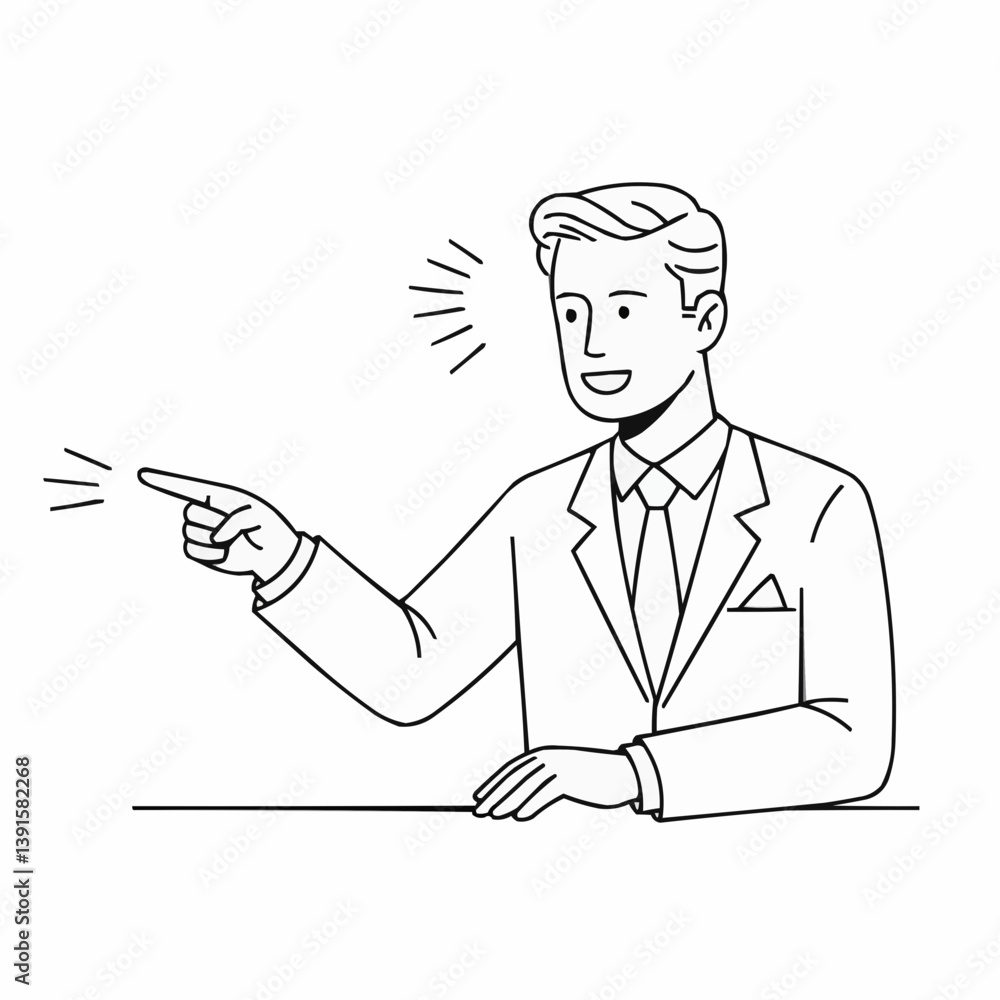 Businessman pointing and smiling in a simple line drawing Businessman pointing and smiling in a simple line drawing