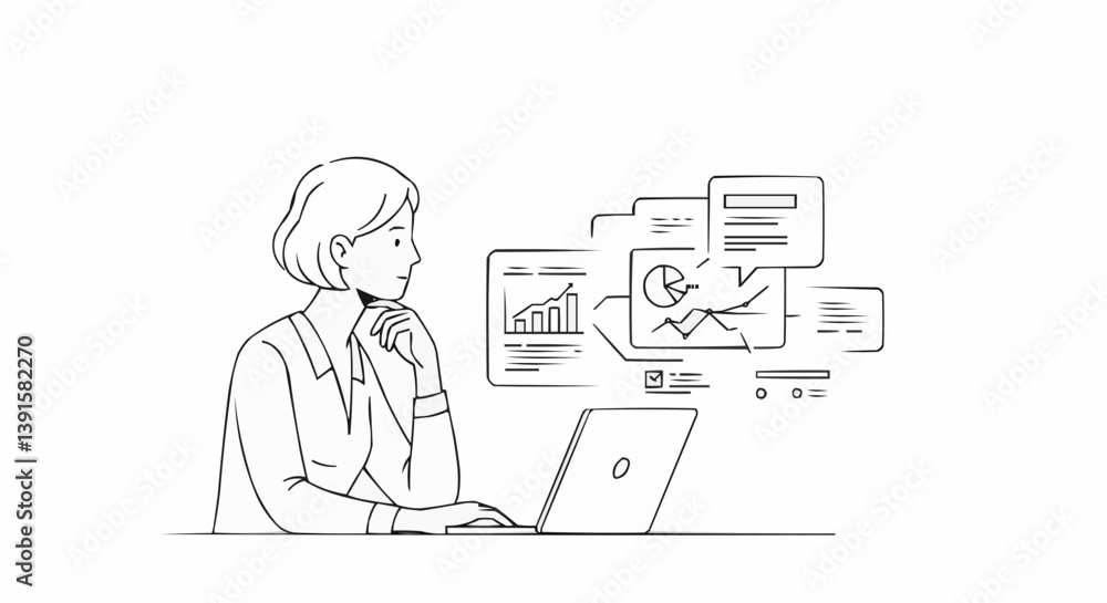 Businesswoman analyzing data with laptop and graphics Businesswoman analyzing data with laptop and graphics