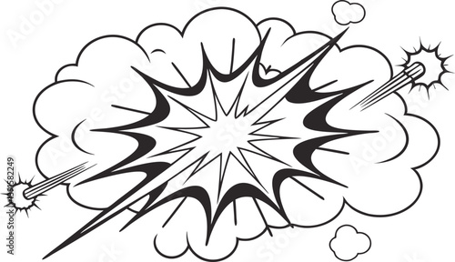 Comic Book Explosion, Black and White, Graphic Design, Pop Art, Dynamic Action, Visual Effect, Energ