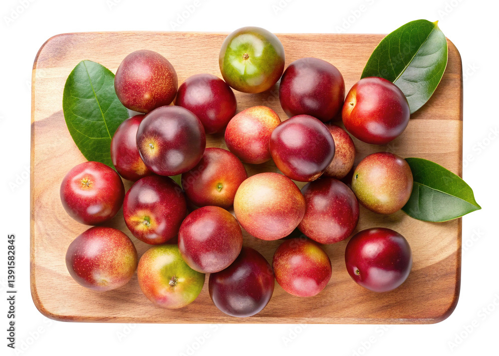 A Top View of Fresh Acai Berries on a Wooden Cutting Board with Green Leaves A Top View of Fresh Acai Berries on a Wooden Cutting Board with Green Leaves