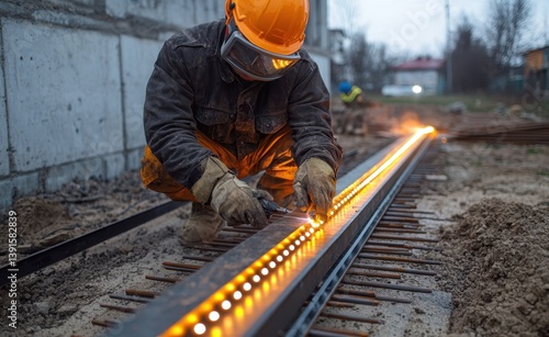 Construction Worker Wearing Safety Gear Working with Light Rail