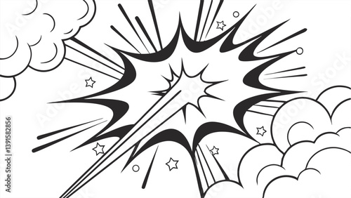 Comic Book Explosion Dynamic Action, Black and White Art