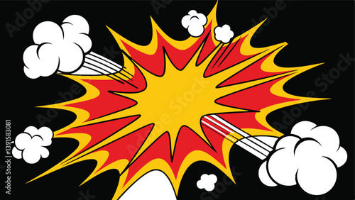 Comic Book Explosion Red, Yellow, Blast, Power, Impact, Dynamic, Action, Graphic, Smoke, Design
