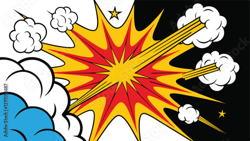 Comic Book Explosion, Pop Art Style, Dynamic Blast, Red Yellow, White Black Background, Starburst, S