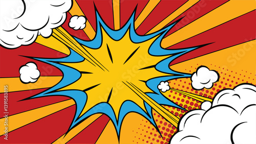 Comic Book Explosion Pop Art Style, Dynamic Background, Retro Colors, Bright Yellow, Blue Burst, Act