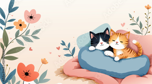 *Watercolor pet hugs background with cozy cat illustrations among pillows and blankets, warm and inviting aesthetic with copy space*  