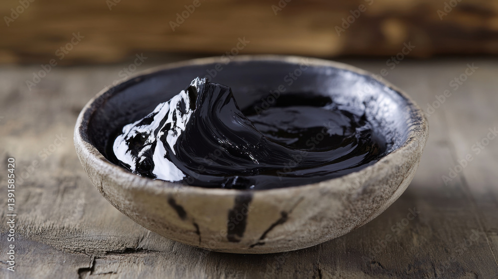 Rich black resin in rustic bowl, showcasing its glossy texture and unique appearance. This natural substance is often used for health and wellness, evoking sense of tradition and authenticity Rich black resin in rustic bowl, showcasing its glossy texture and unique appearance. This natural substance is often used for health and wellness, evoking sense of tradition and authenticity