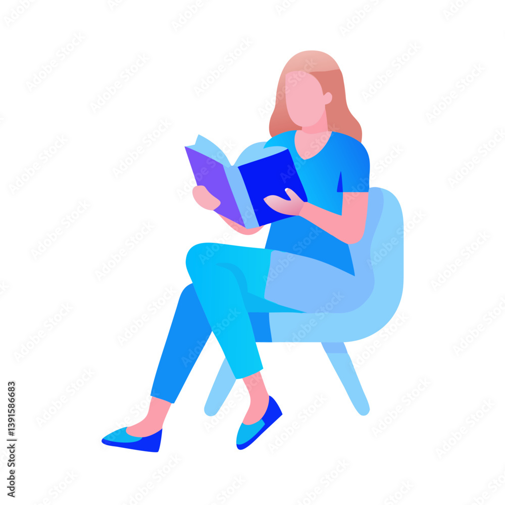  *Woman reading a book, minimalist linear interface icon in pink and blue on white background with copy space*  
