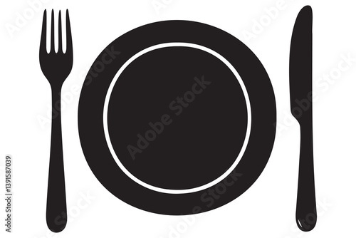 Fork, knife, plate and spoon icon silhouette vector illustration
