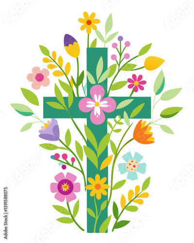 Vector of a Christian cross decorated with spring flowers for Easter, isolated on white background. For Easter Day.

