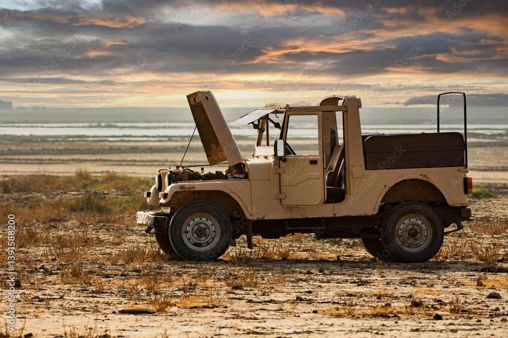 Broken Down Old Safari vehicle Waiting for Repair in Rann of Kutch, Gujarat