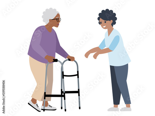 Nurse helping senior patient with mobility walker