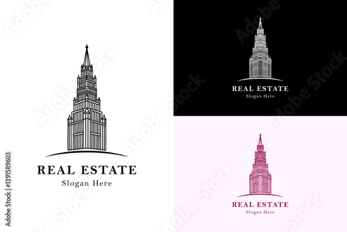 illustration of russian building architect with curve line, icon, vector, logo for tower, hotel, flat, construction, builder, landmark, apartment, residential, real estate, and more