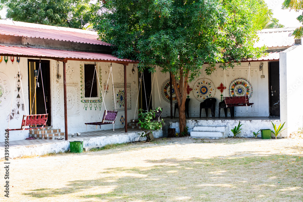 Traditional Kutch Village Cottage Balcony with Handmade Swings and Folk Art