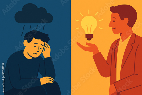 Depressed man and supportive figure with idea bulb in flat style