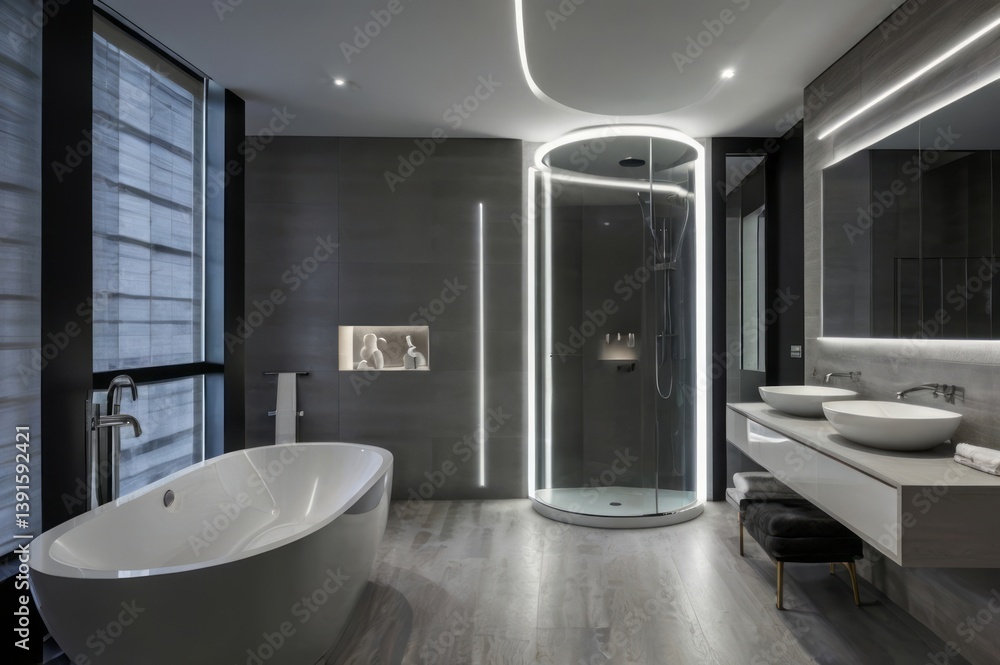 A modern bathroom showcasing minimalist design with stylish fixtures and lighting A modern bathroom showcasing minimalist design with stylish fixtures and lighting