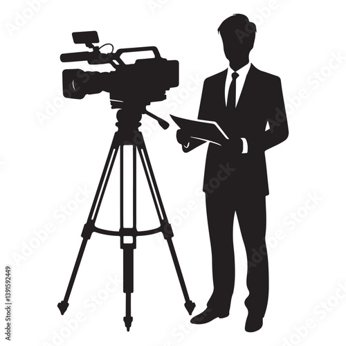 Silhouette News Reporter in Black and White Video Production Setup
